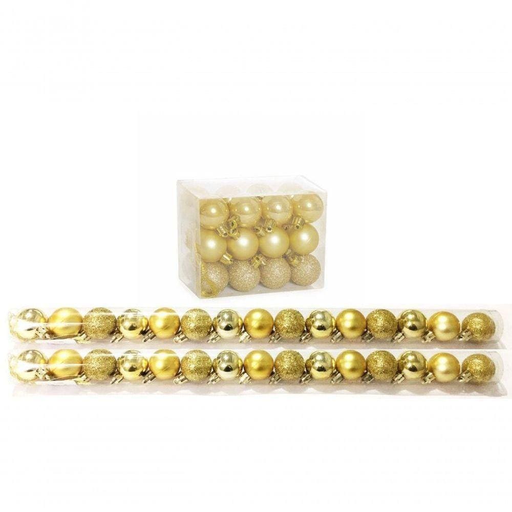 Kit 30 Mini Bolas Natal Dourada Glitter, Fosca, Lisa 3cm