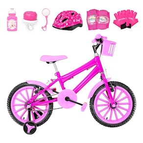 Bicicleta Infantil Aro 16 Nylon + Kit Proteção Pink e Rosa