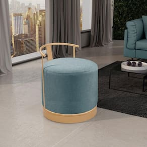 Puff Redondo em Linho 50cm com Base ÁQuila Azul/Dourado