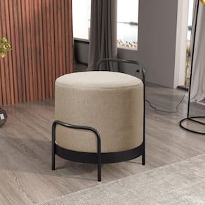 Puff Redondo 50cm em Linho com Base Bacci Bege