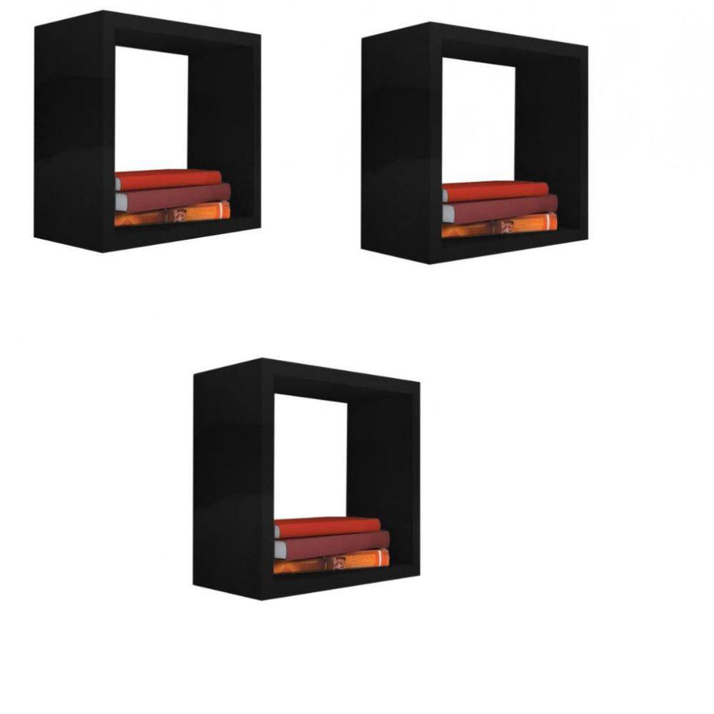 Kit 3 Nicho Decorativo 30X30X20 cm Preto Em Mdf