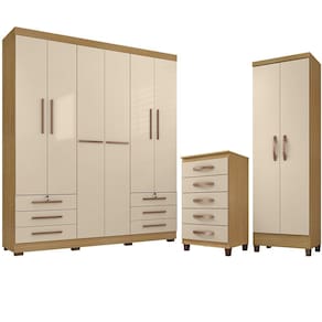 Kit Guarda Roupa Casal 6 Portas Marselha, Cômoda 5 Gavetas Porto Belo e Multiuso Cairo Carvalho Off White Clique Chique