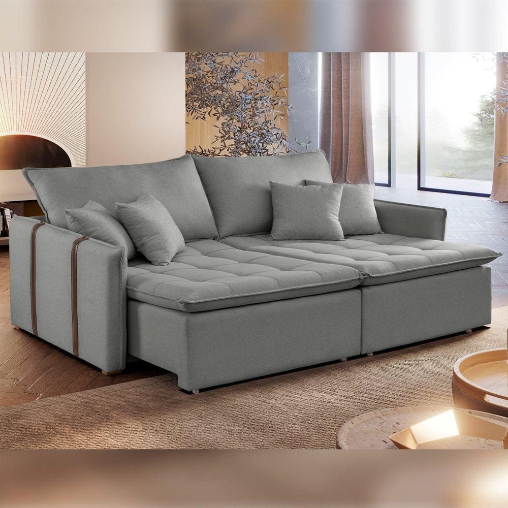 Sofa Cama Retratil e Reclinavel 220cm Detroid Yescasa Linho/Cinza