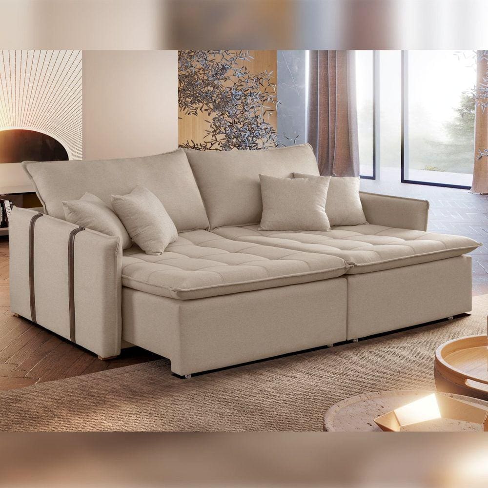 Sofa Cama Retratil e Reclinavel 220cm Detroid Yescasa Linho/Cru