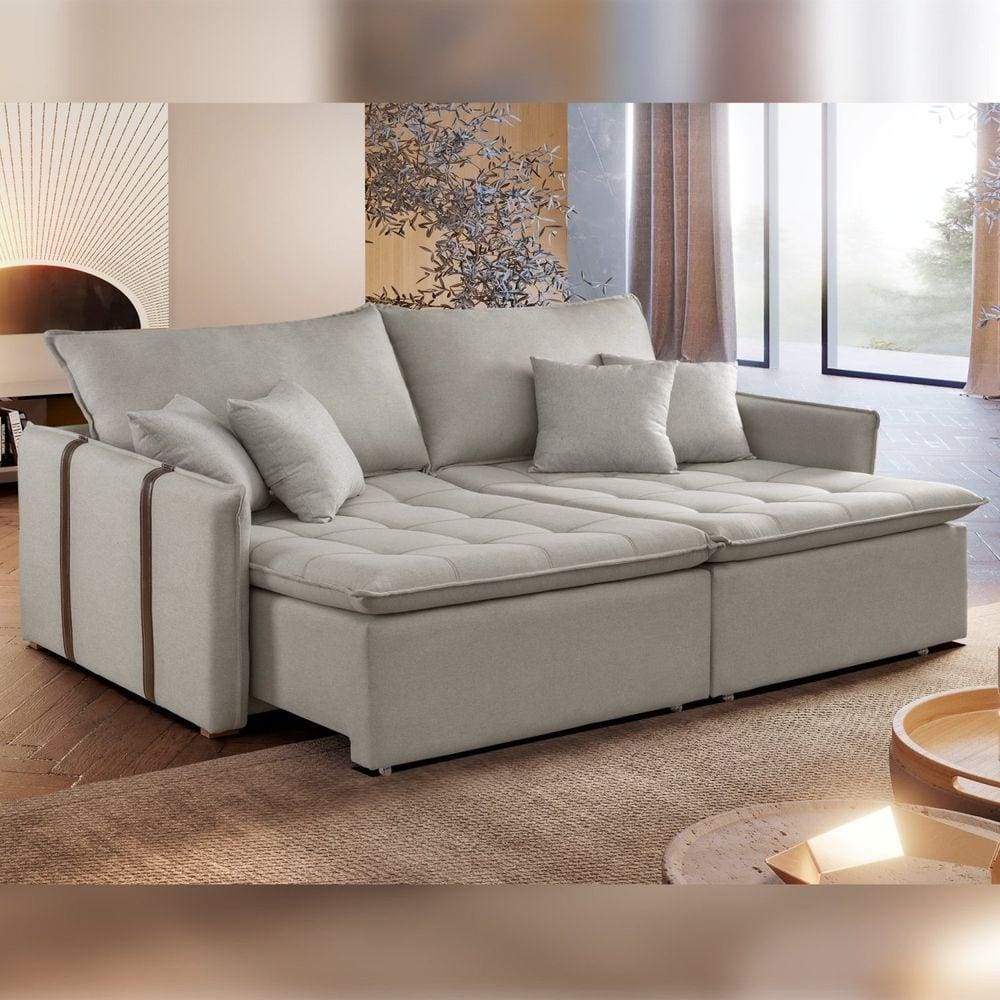 Sofa Cama Retratil e Reclinavel 220cm Detroid Yescasa Linho/Gelo