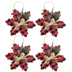 Kit 4 Flores Bico de Papagaio Pendente Tecido Decorado Xadrez Rena e Pinhas 14cm - Master Christmas
