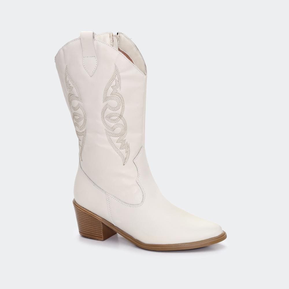 Bota Western Feminina em Couro Bordada Cano Médio Texana