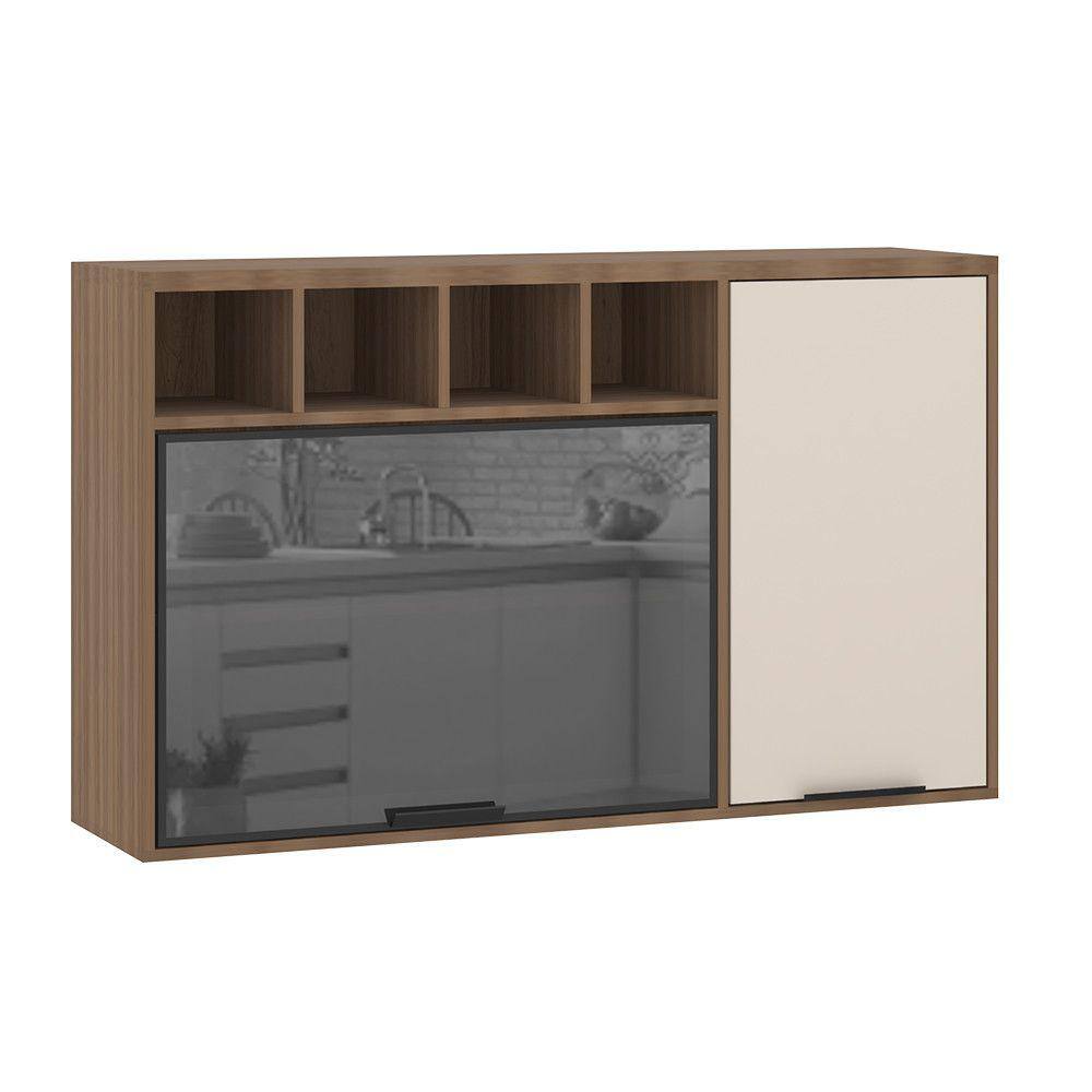 Armário Aéreo de Cozinha 120cm 2 Portas com Vidro Reflecta e Nichos Aspen Luciane Móveis