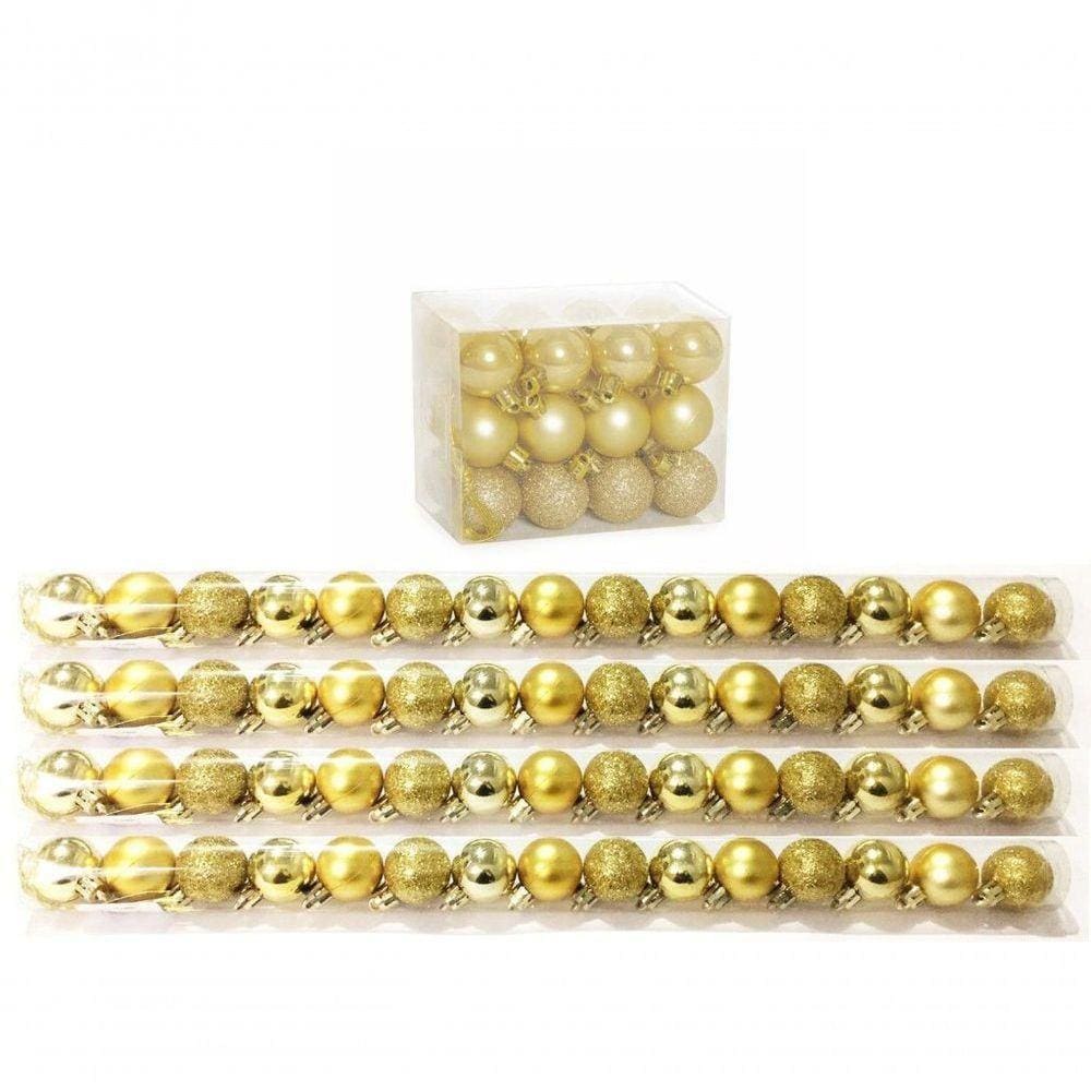 Kit 60 Mini Bolas Natal Dourada Glitter, Fosca, Lisa 3cm