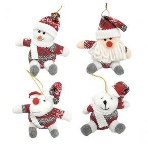 4 Bonecos Natalinos Pelúcia Pendente Vermelho E Cinza 14cm Papai Noel, Boneco De Neve, Rena E Urso