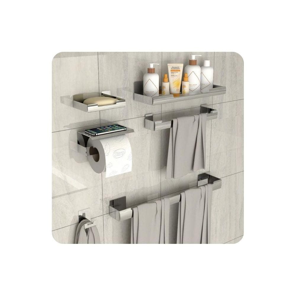Kit de Acessórios Para Banheiro Inox Com Adesivo 6 Pcs F.ELG
