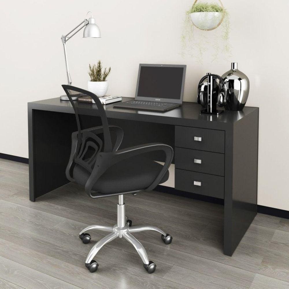 Mesa para Escritório 3 Gavetas Me4113 com Cadeira Diretor Tela Mesh Tok 3310 Preto