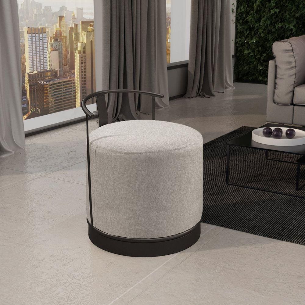 Puff Redondo em Linho 50cm com Base ÁQuila Cinza