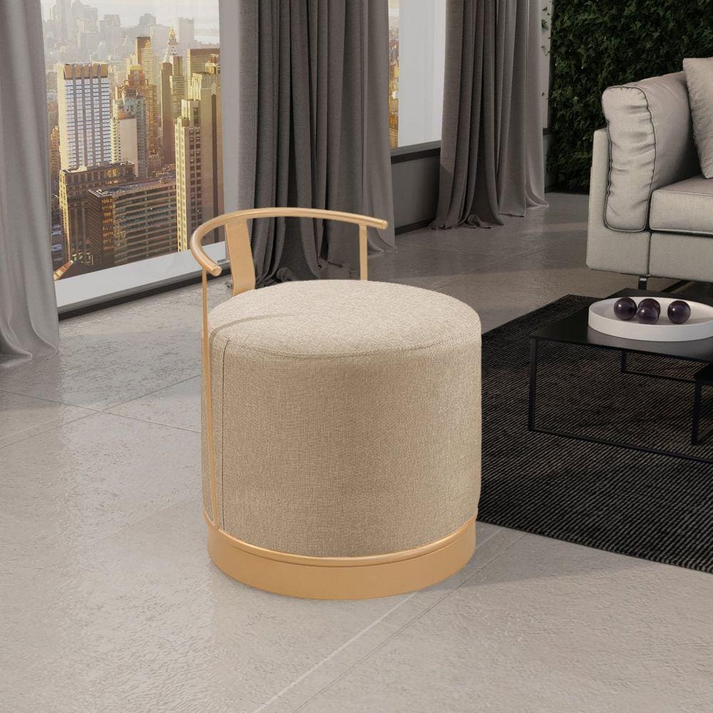 Puff Redondo em Linho 50cm com Base ÁQuila Bege/Dourado