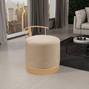 Puff Redondo em Linho 50cm com Base ÁQuila Bege/Dourado
