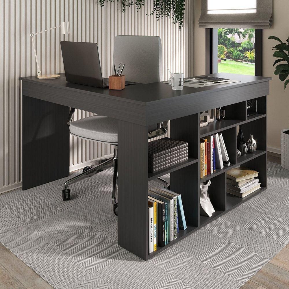 Mesa de Escritório em L 8 Nichos Montecello Yescasa Grafite/Grafite