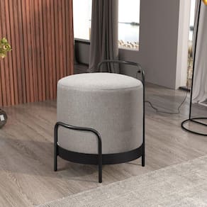 Puff Redondo em Linho 50cm com Base Bacci Cinza
