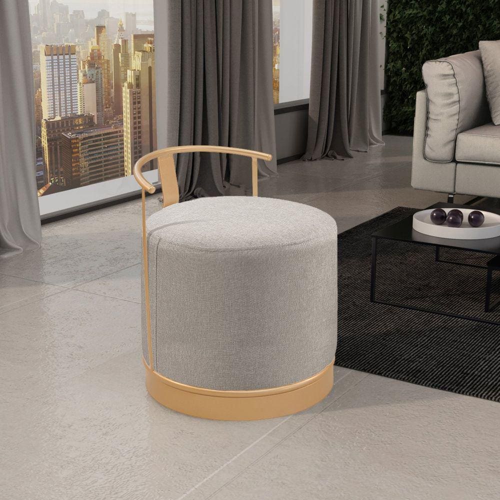 Puff Redondo em Linho 45cm com Base ÁQuila Cinza/Dourado