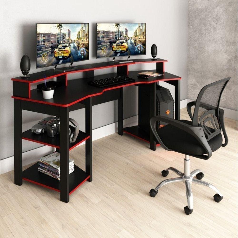 Mesa Gamer Me4167 com Cadeira Diretor Tela Mesh Tok 3310 Preto/Vermelho