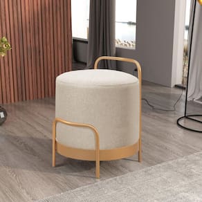 Puff Redondo em Linho 50cm com Base Bacci Bege Claro/Dourado