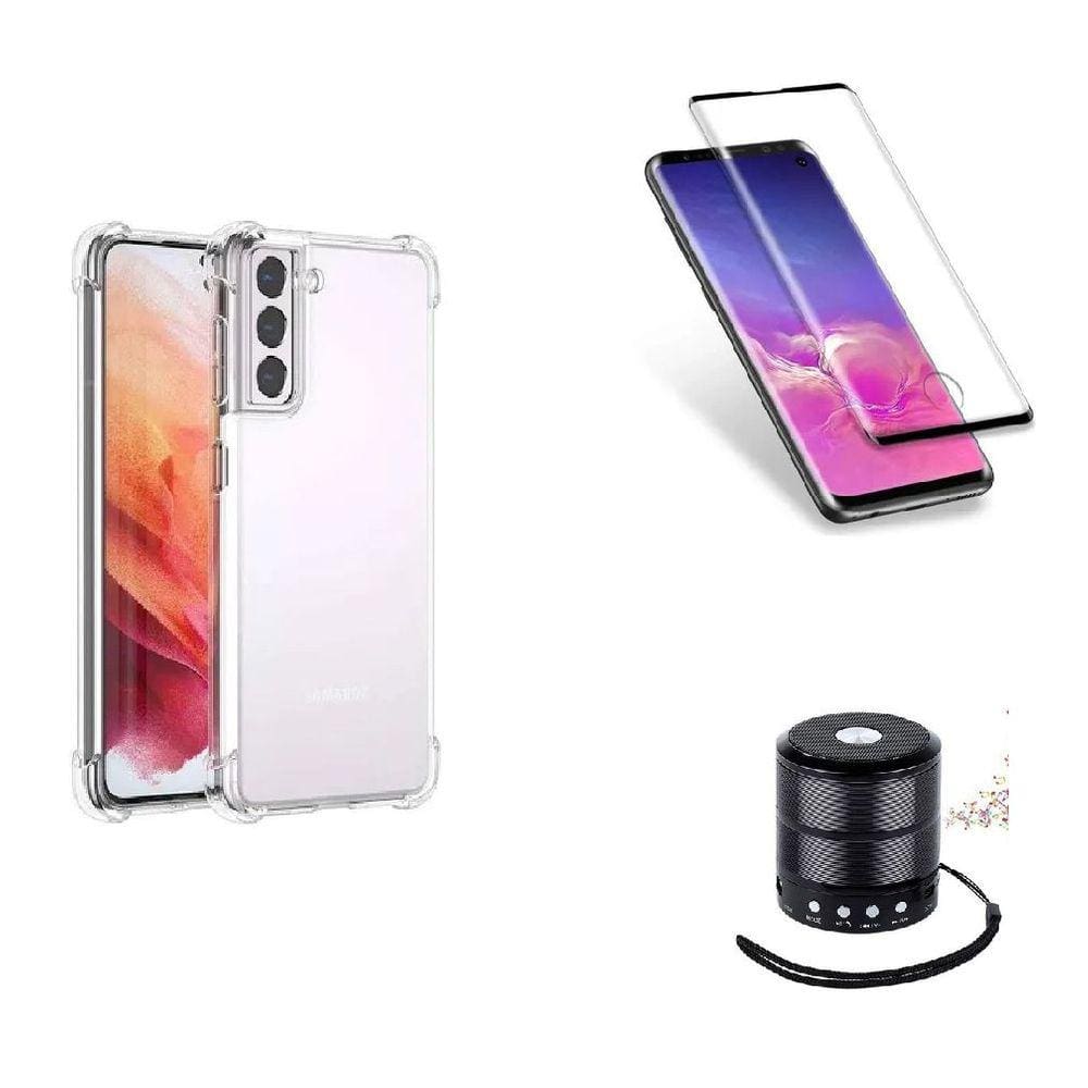 Kit Mini Som Bluetooth Samsung S22 + Capa Anti Impacto + Película Vidro 3D