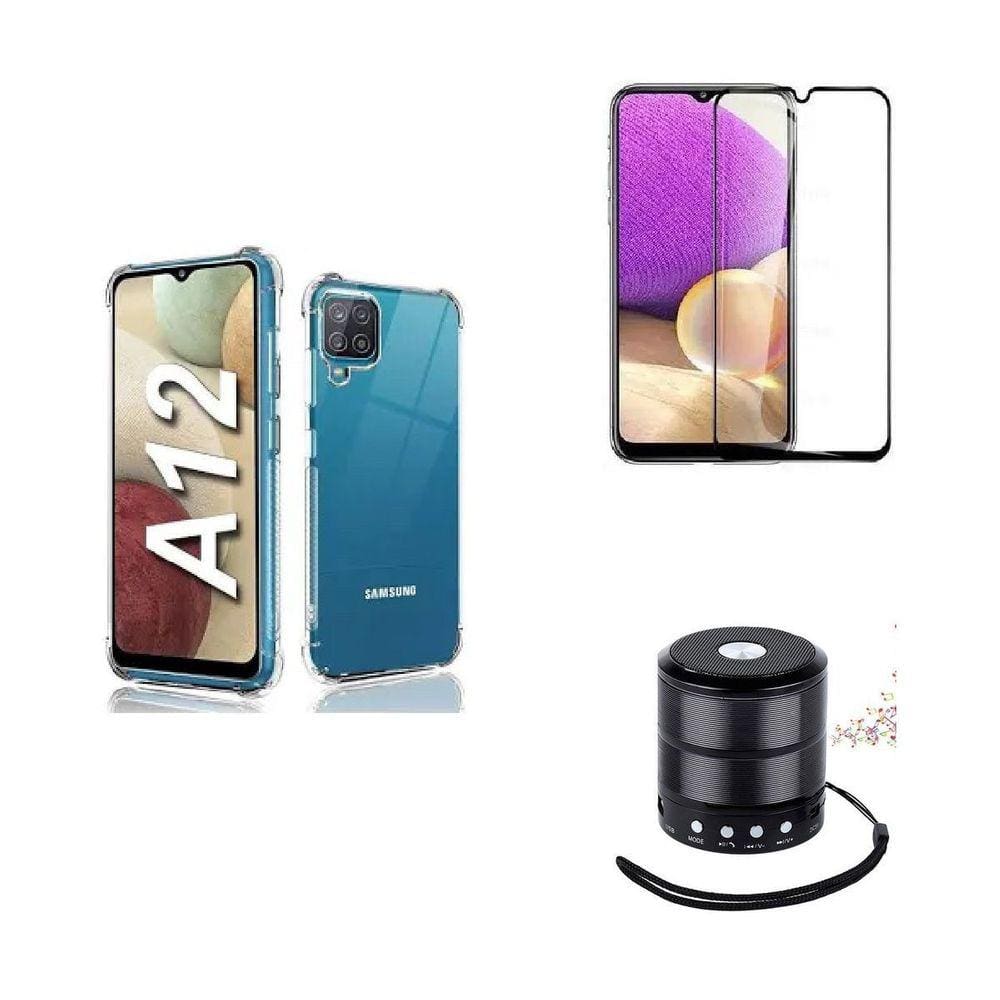 Kit Mini Som Bluetooth Samsung A12 + Capa Anti Impacto + Película Vidro 3D