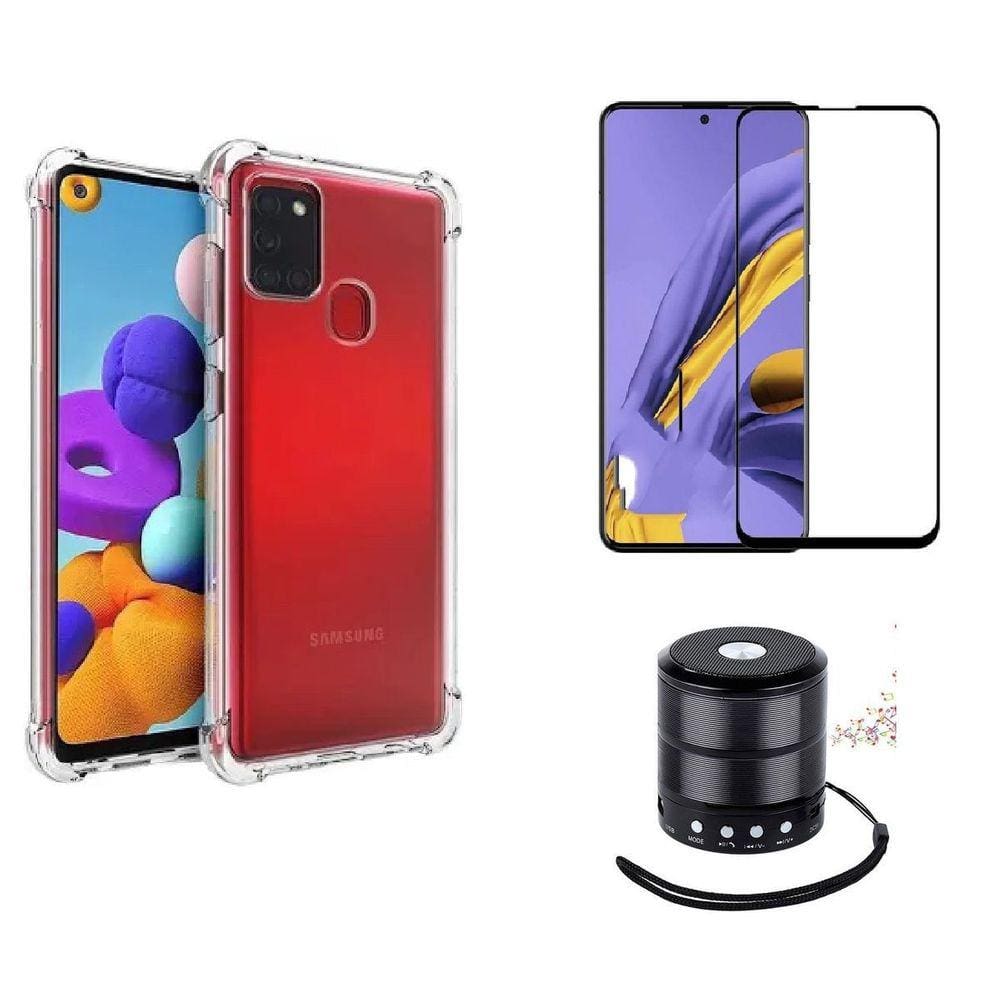 Kit Mini Som Bluetooth Samsung A21s + Capa Anti Impacto + Película Vidro 3D