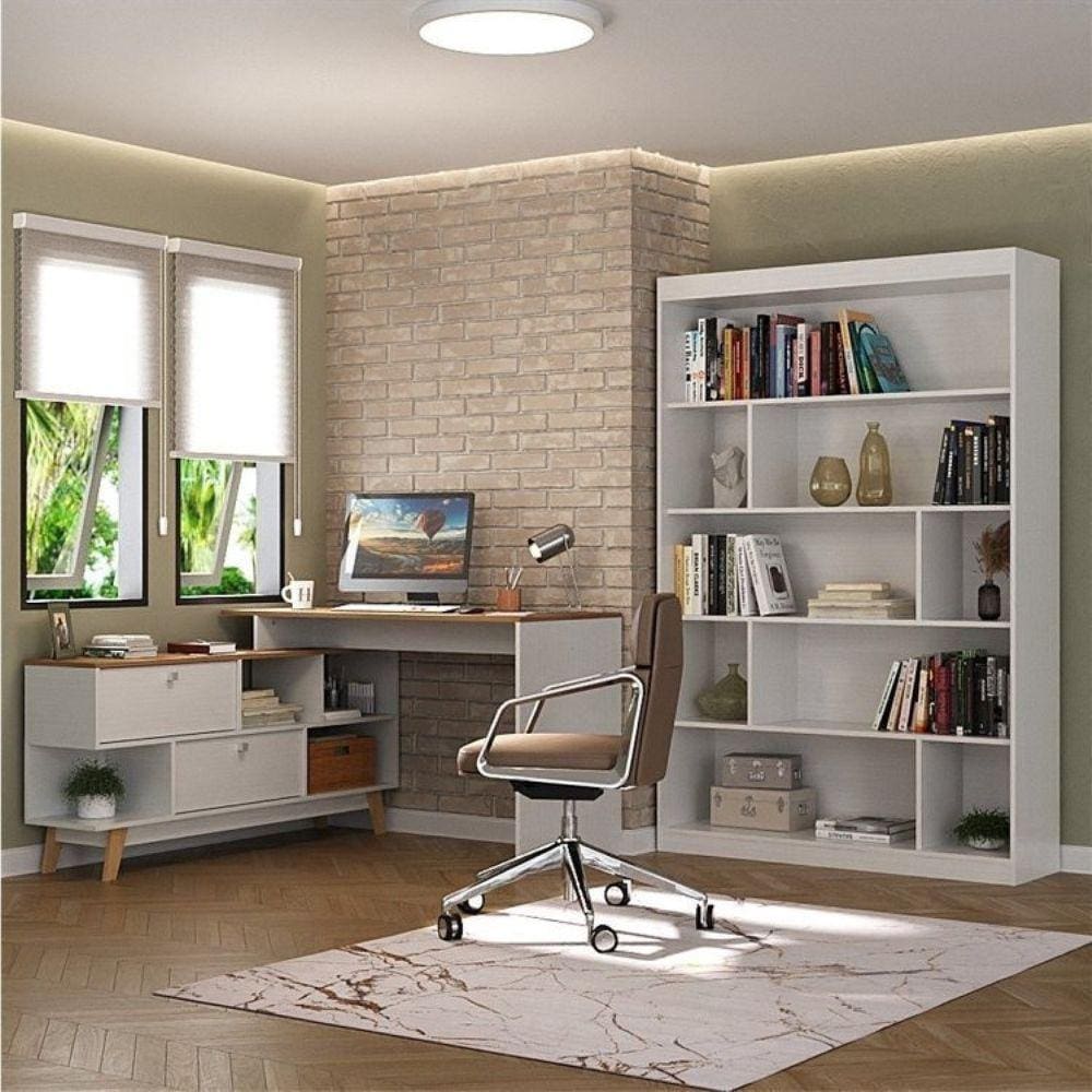 Escrivaninha em L Retrô 136x120cm com Estante 120cm para Livros 4 Prateleiras Branco/Nogal