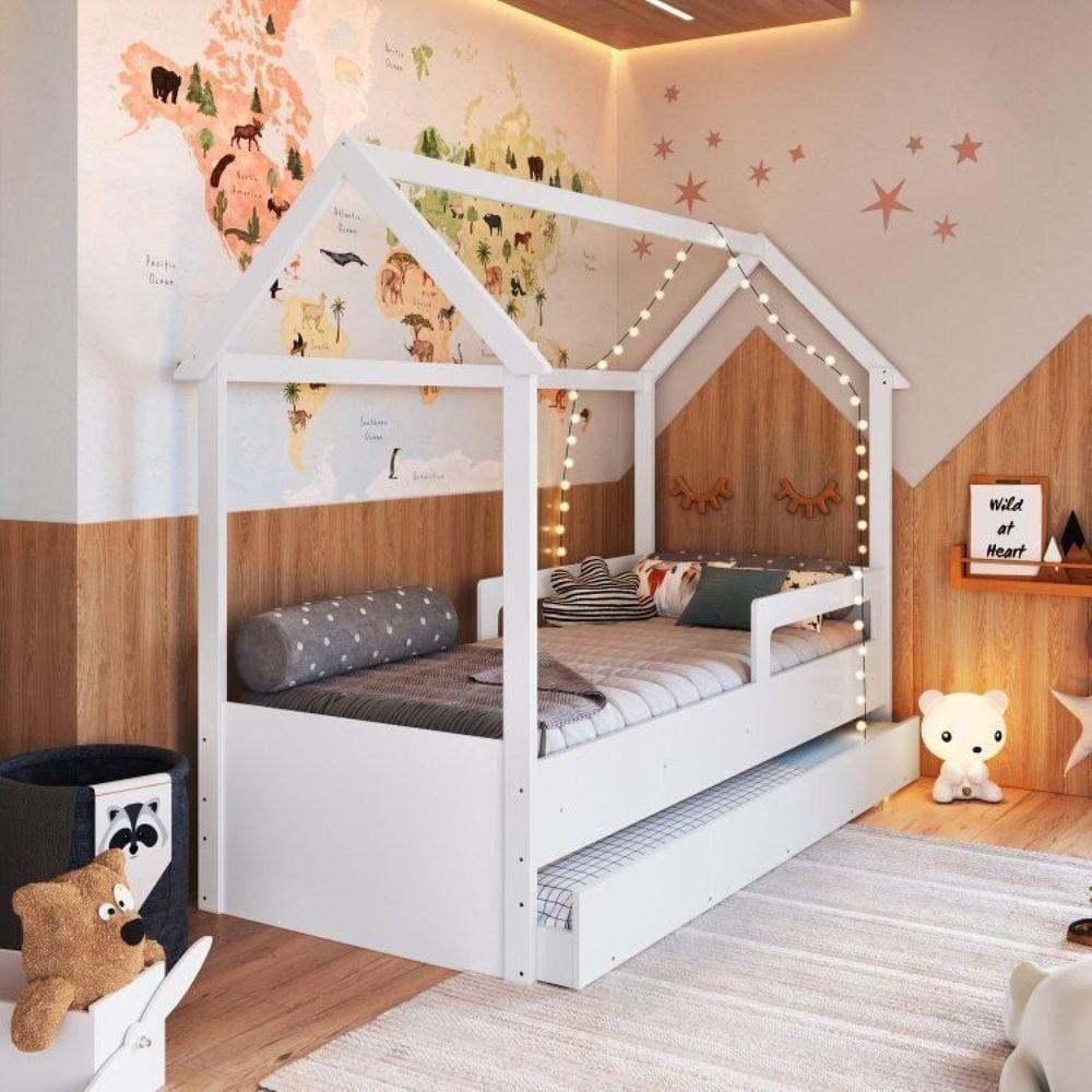Cama Infantil Montessoriana com Cama Auxiliar 2 Colchões Branco