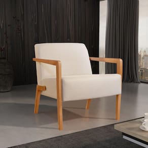 Poltrona em Linho 78cm com Braços de Madeira Lori Bege Claro