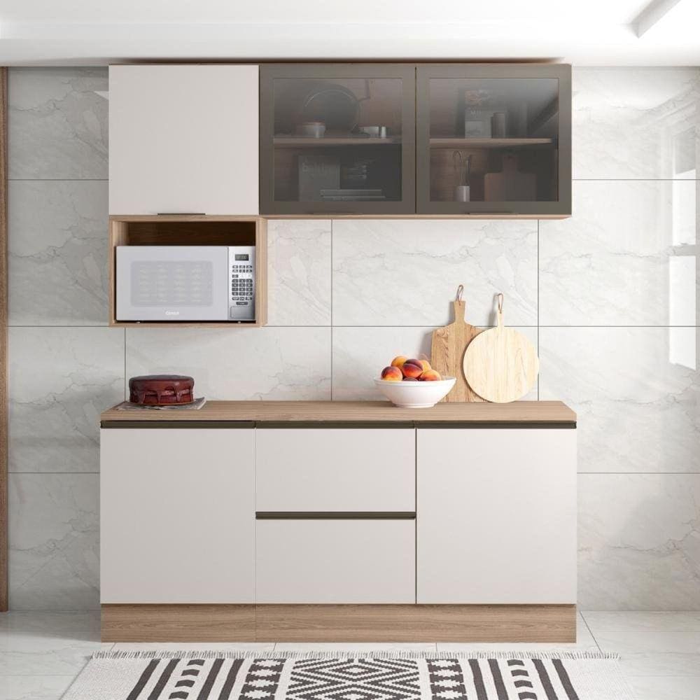 Cozinha Modulada Completa 5 Peças 5 Portas 3 Gavetas com Portas Vidro Fumê Etina carvalho oak/off white