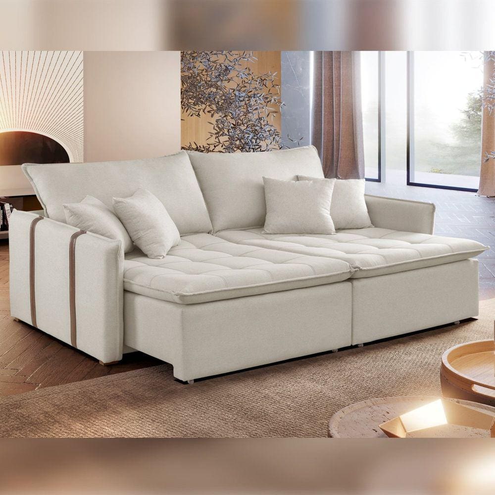 Sofa Cama Retratil e Reclinavel 220cm Detroid Yescasa Bege Claro