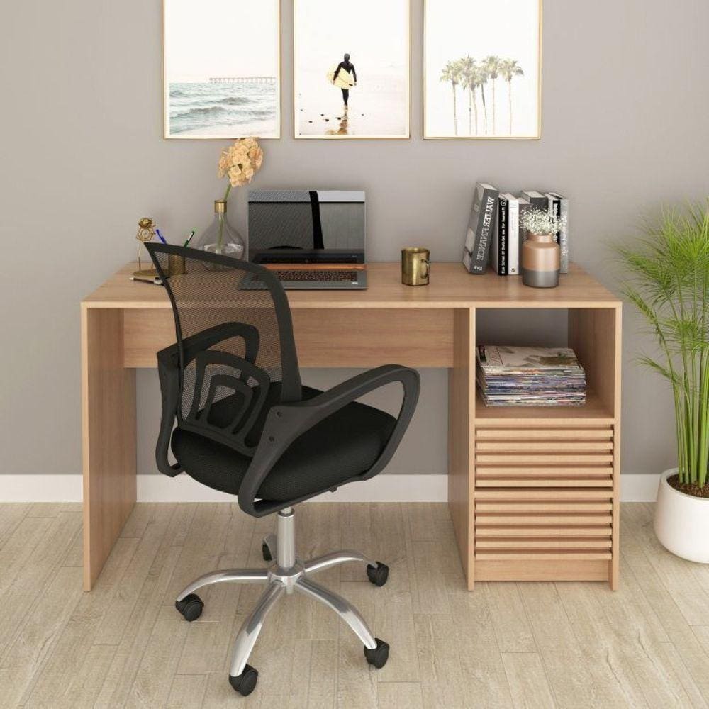 Escrivaninha com Ripado 2 Gavetas 1 Nicho com Cadeira para Escritório Diretor Tela Mesh Tok 3310 Amêndoa/Preto