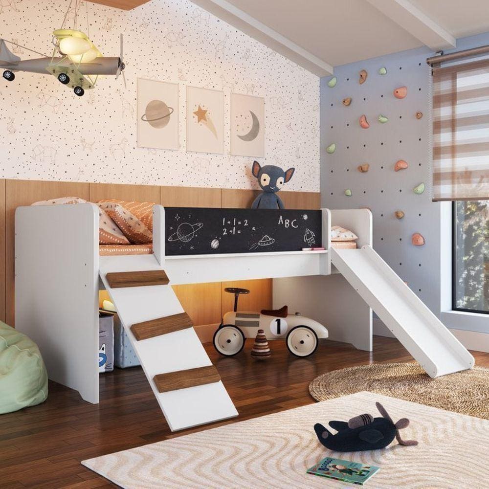 Cama Playground com Escorregador e Rampa com Colchão Branco