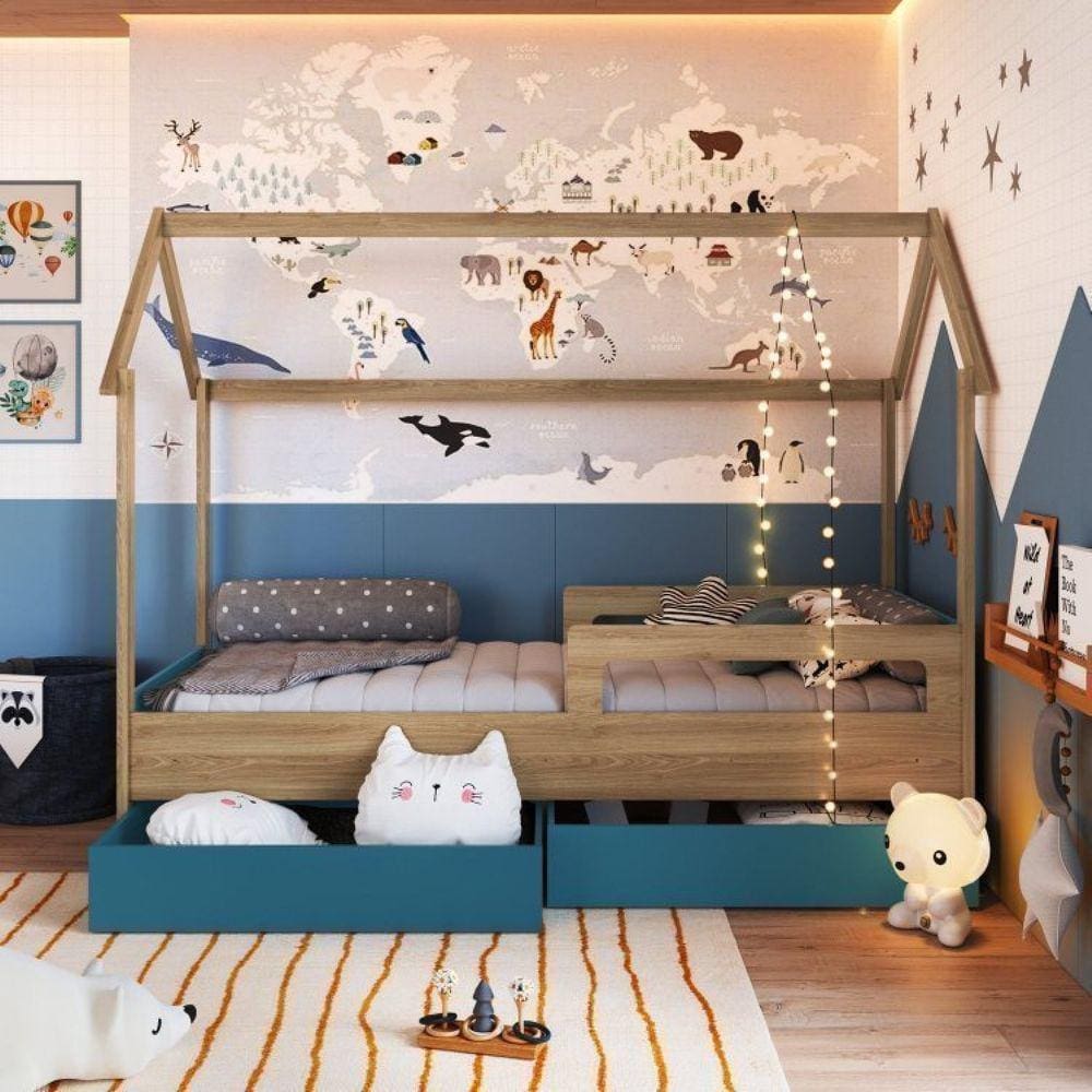 Cama Infantil Montessoriana 2 Gavetões Inferiores 1 Colchão Aveiro Oak/Azul Secreto
