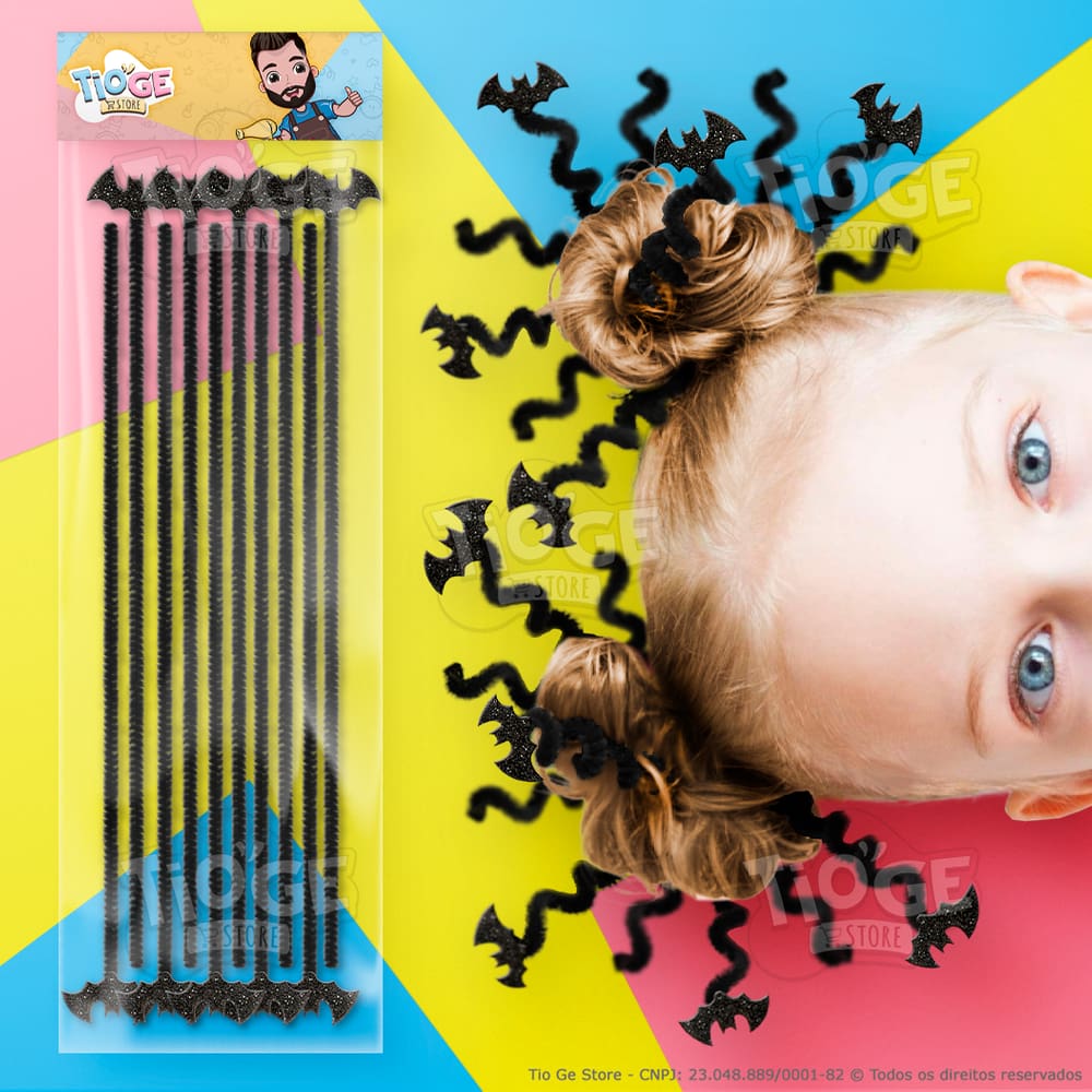 Cabelo Maluco Halloween Hastes Flexíveis de Pelúcia Chenille Eva Glitter Morcego Preto 10 unid