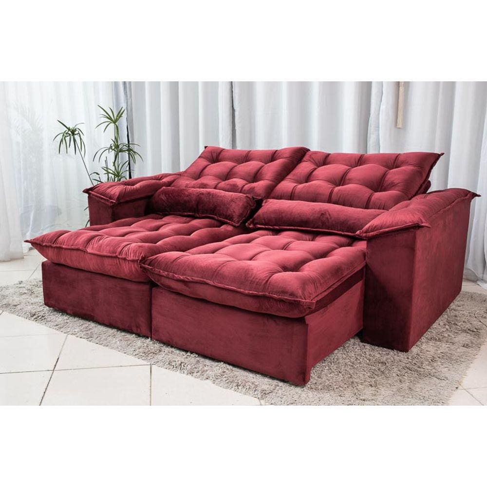 Sofá Retrátil e Reclinável 2,30m em Tecido Veludo com Pillow nos Braços e Assentos - Com Molas Ensacadas Bonel/D33