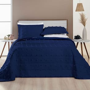 Kit Cobre Leito Colcha Alexa Pompom Casal Padrão Dupla Face Micropercal 3 Peças - Azul Marinho
