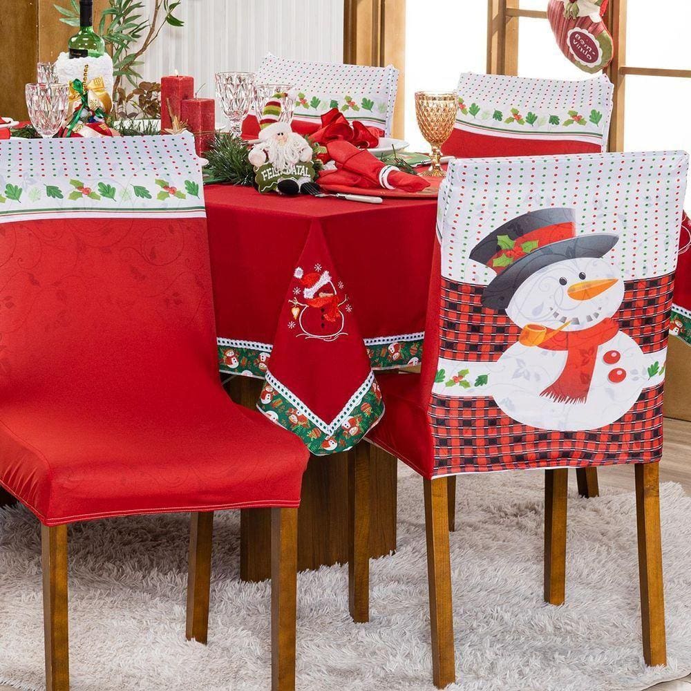 Kit De Capas De Cadeira Jantar Estampadas Natalina Ajustável c/ Elástico 04 pçs - Boneco De Neve
