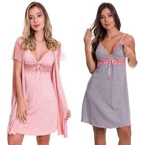 KIT Camisolas Amamentação com Robe Maternidade + Camisola Estilo Sedutor - AG-ES206-207-ES220