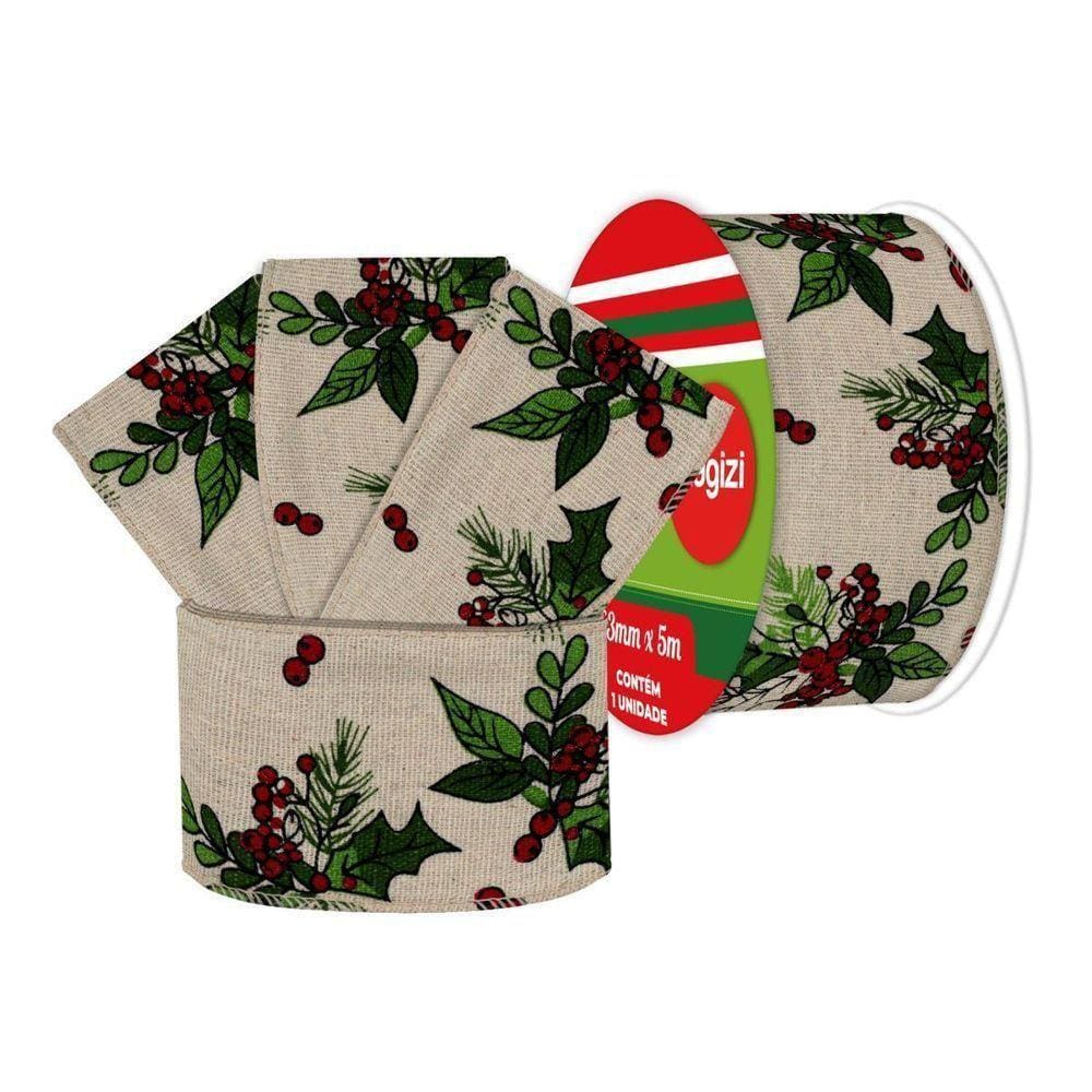 Kit 2 Fitas Aramada Natal Tecido Linho Decorado Azevinho E Berries 6cm X 5 Metros - Magizi