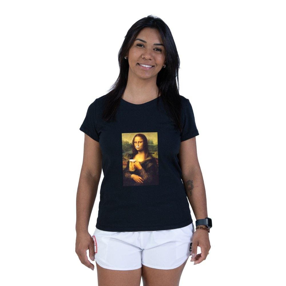 Camiseta Estampa Monalisa Cervejeira Feminina Algodao Manga Curta Com Abridor De Garrafas