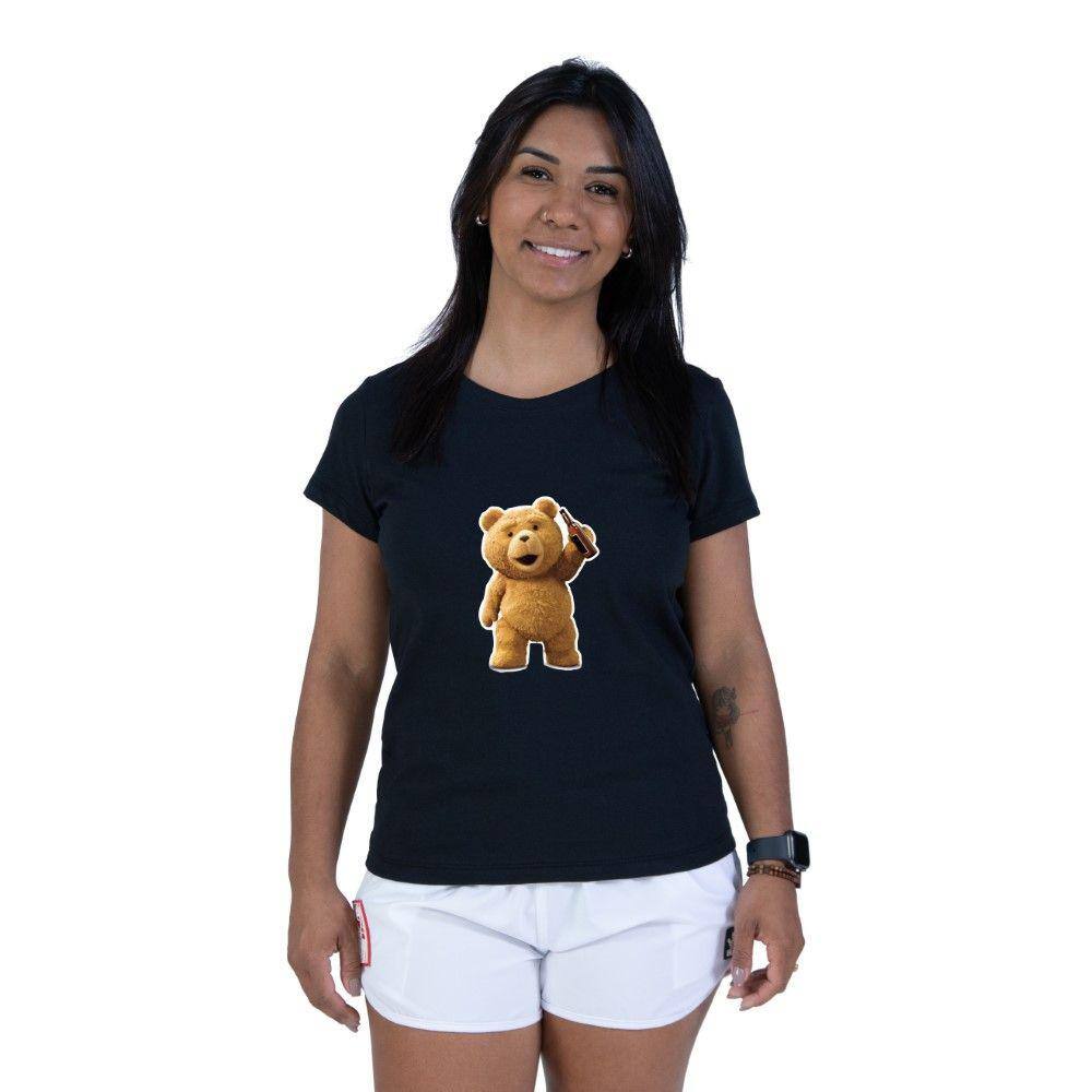 Camiseta Algodao Feminina Estampa Ursinho Cervejeiro Manga Curta Com Abridor De Garrafas