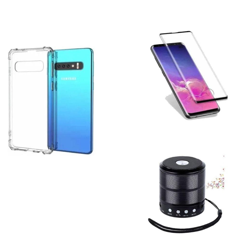 Kit Mini Som Bluetooth Samsung S10 Plus + Capa Anti Impacto + Película Vidro 3D