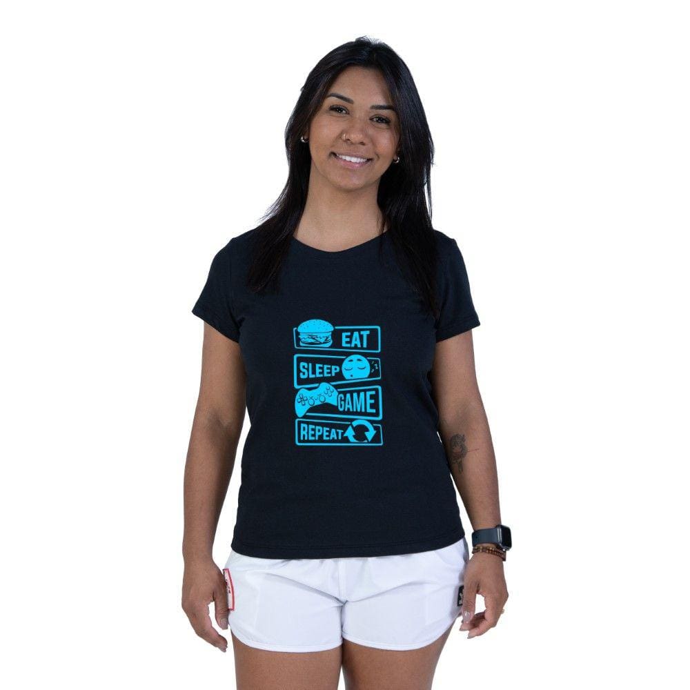 Camiseta Feminina Divertida Comer Dormir Jogar Repetir Manga Curta Algodao Com Abridor De Garrafa