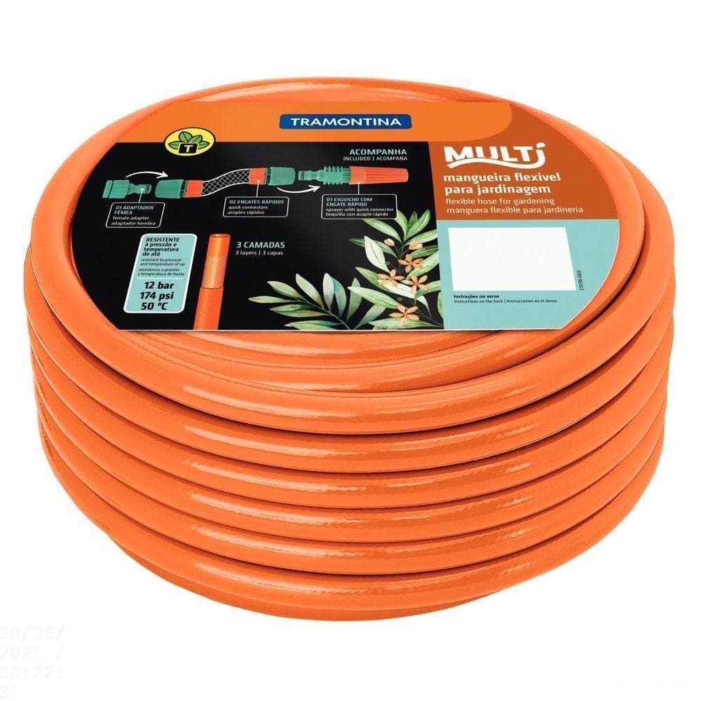 Mangueira Multi 1/2" Laranja Em Pvc 3 Camadas 15 M Com Engates Rápidos E Esguicho