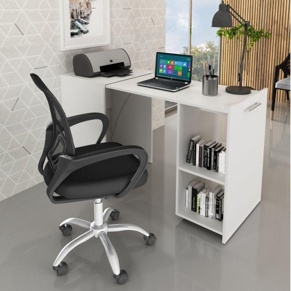 Escrivaninha Retrátil para Escritório ME4170 com Cadeira para Escritório Diretor Tela Mesh Tok 3310 Branco/Preto