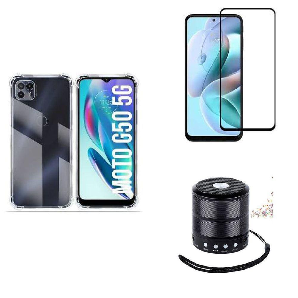 Kit Mini Som Bluetooth Moto G50 5G + Capa Anti Impacto + Película Vidro 3D