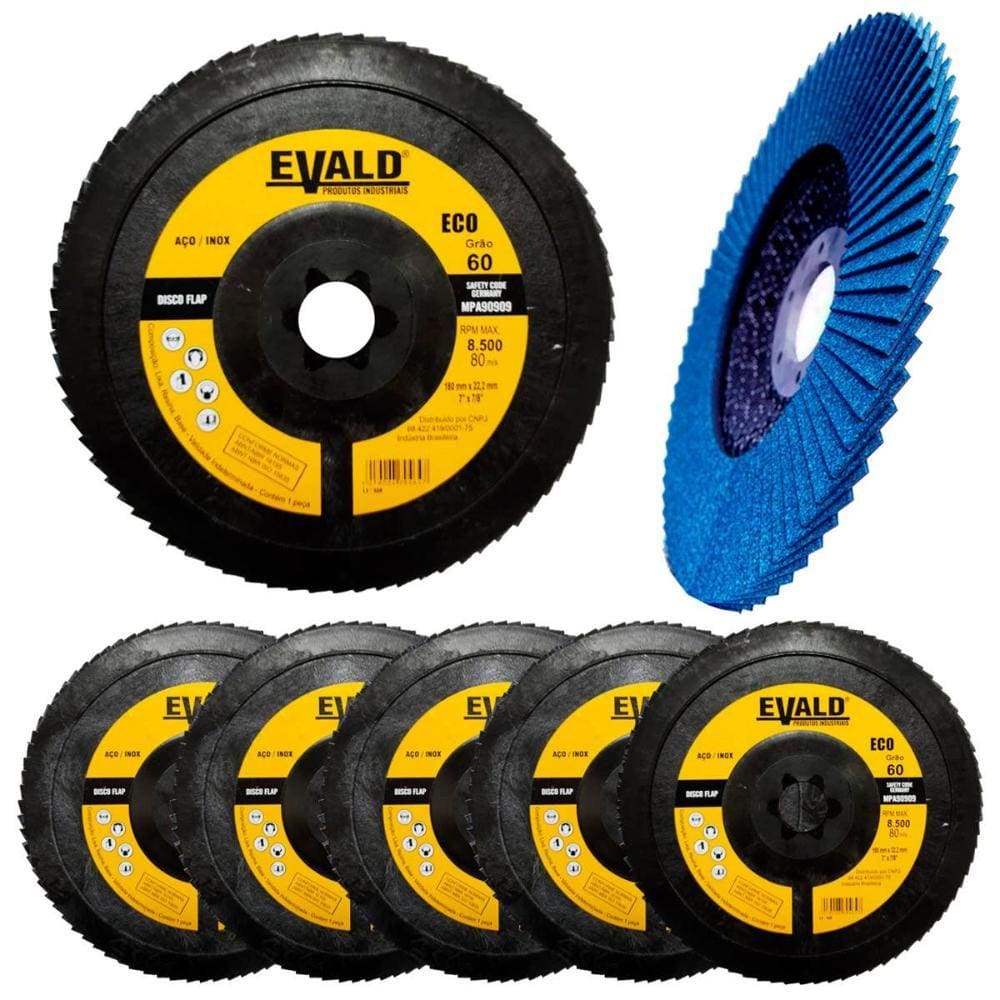 Disco de Lixa Flap Zirconio 7 POL 180 mm Aço Inox Grão 60 Kit 5 Unidades EVALD