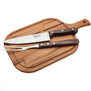 Kit Para Churrasco Em Aço Inox Cabo Castanho Polywood Com Tábua De Madeira 3 Peças